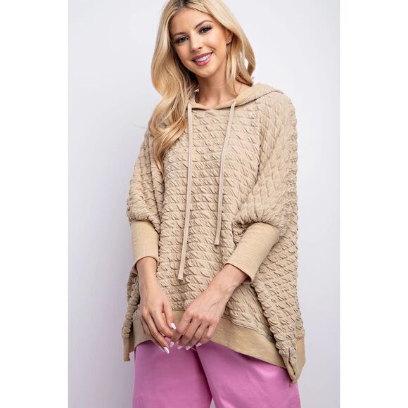 Easel Tops - Easel Women's Puffed Textured Hacci Knit Hooded Pullover Top Khaki Large NWT